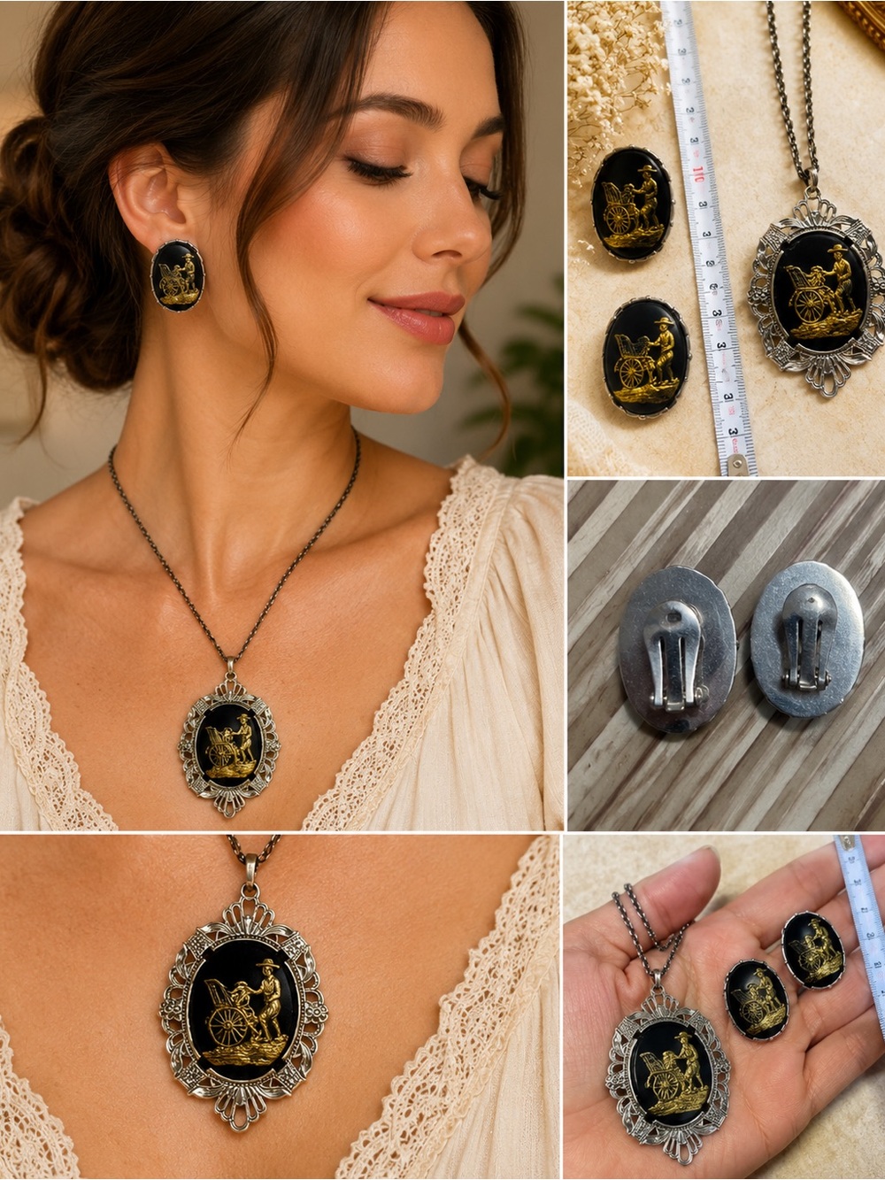 VINTAGE SIAM NIELLO RICKSHAW NECKLACE SET. Black Enamel Thia Jewelry
